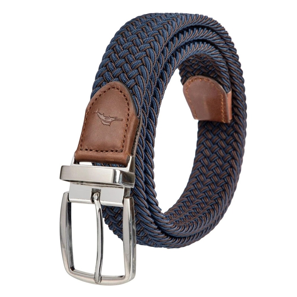 NWOT Tommy Bahama Belt Mens L/XL Blue Brown Fabric Leather Braided Stretch